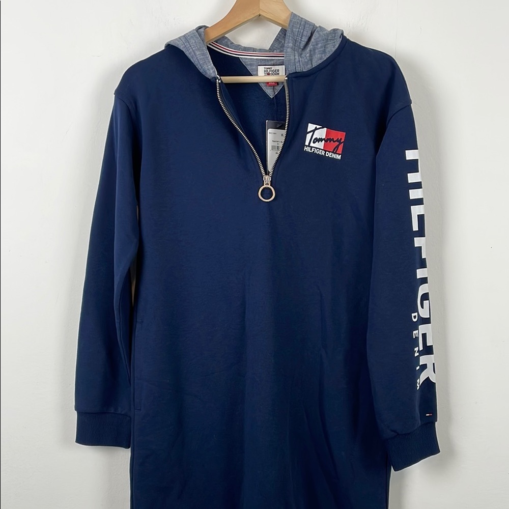 Tommy Hilfiger Denim Long Sleeve 1/2 Zip Pullover Blue Hooded Sweatshirt Dress - Picture 3 of 9